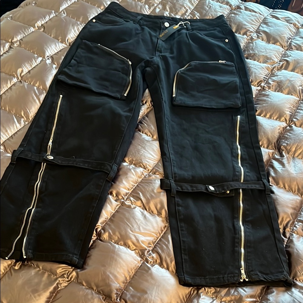 Black Cargo Pants with Zipper Details